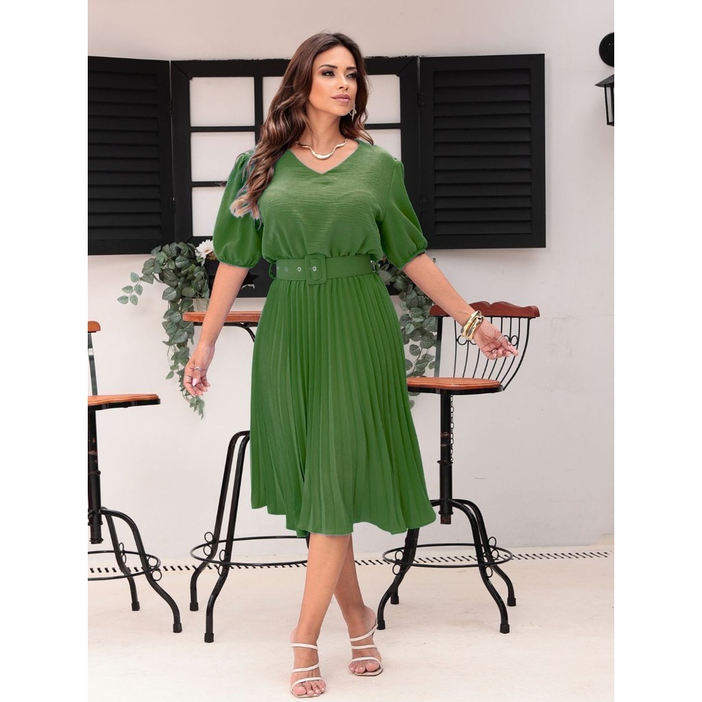 Vestido Plissada Midi Feminina Moda Evangélica com Cinto em Oferta na Shopee