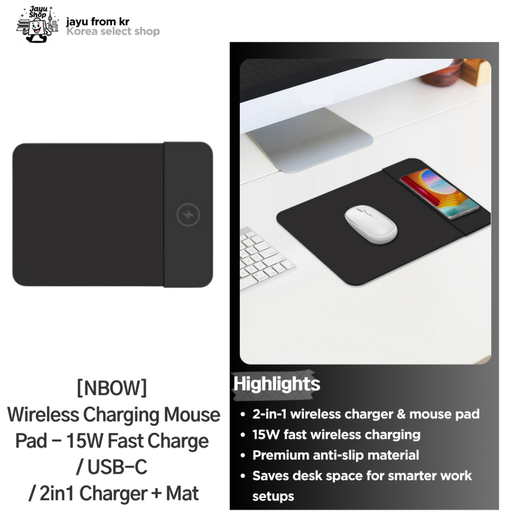 [NBOW] Mouse Pad De Carregamento Sem Fio – Carga Rápida De 15 W/USB-C/Carregador 2 Em 1 + Tapete