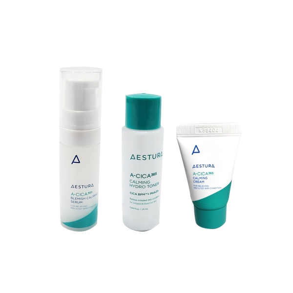 aestura a-cica365 calming hydro toner 25ml, blemish calming serum 5ml, calming cream 10ml em Oferta na Shopee