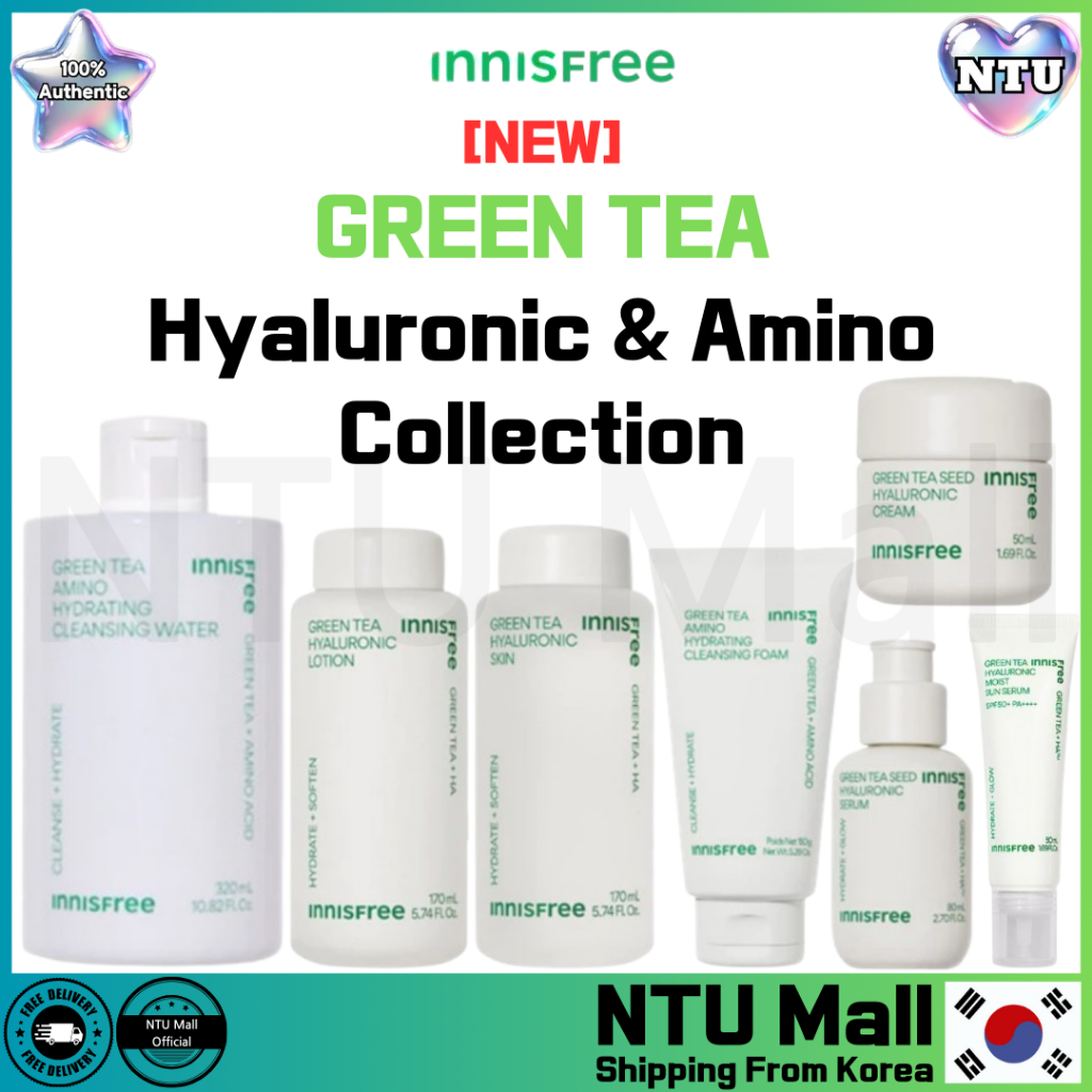 [INNISFREE] Coleção Hialurônica E Amino De Chá Verde/Água De Limpeza/Espuma Pele/Loção/Creme/Soro Solar/+ Presente Aleat