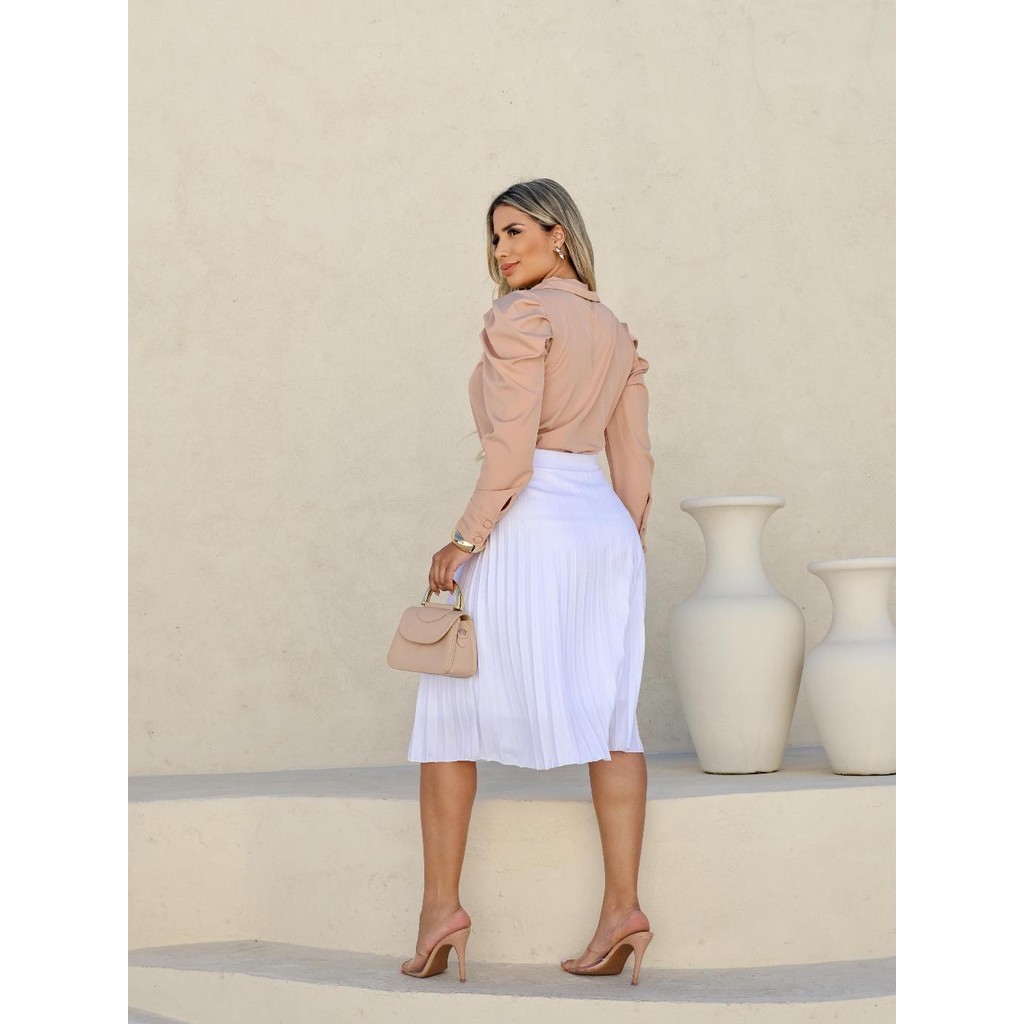 Saia Plissada Mídi Feminina Com Forro Lisa - Moda Evangélica