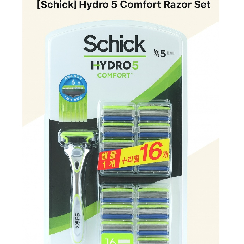 [Schick] Conjunto De Navalha Hydro 5 Comfort-1 Alça + 16 Recargas-Sistema De 5 Lâminas-Pele Sensível-Kit De Barbear Masc