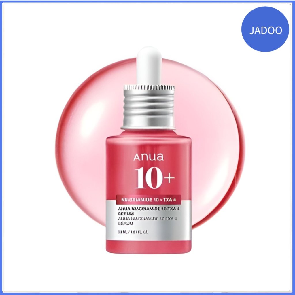 Frasco de vidro do soro Anua Niacinamida 10 + TXA 4 de 30ml com conta-gotas, posicionado à frente de um círculo rosa translúcido.