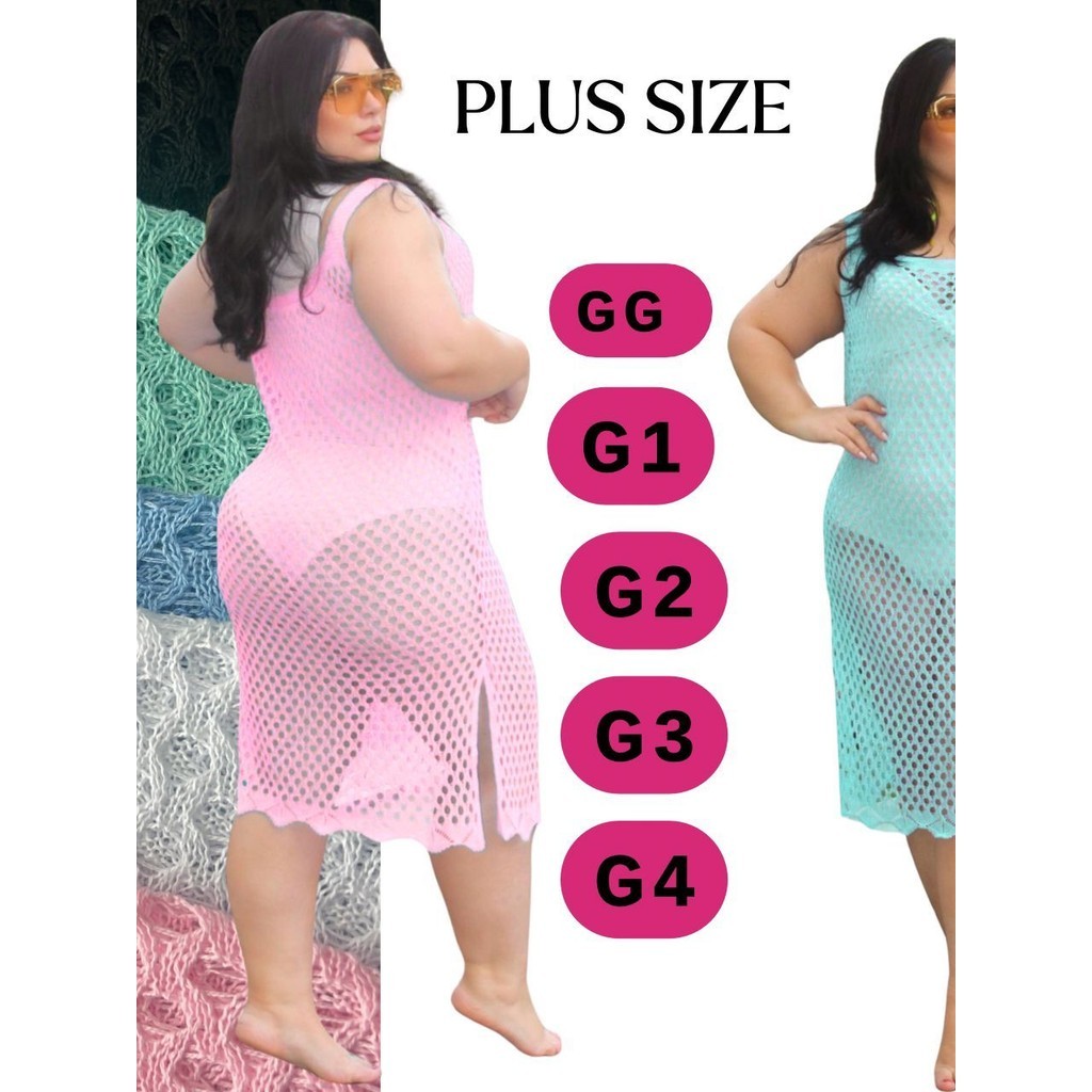 Vestido Moda Praia Tricô Vestido Alça Fenda Lateral  Plus SIze