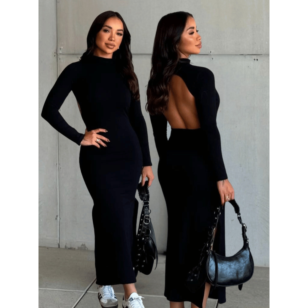 Vestido Midi Longo Manga Comprida Costa Nua Gola Alta Com Fenda Na Lateral