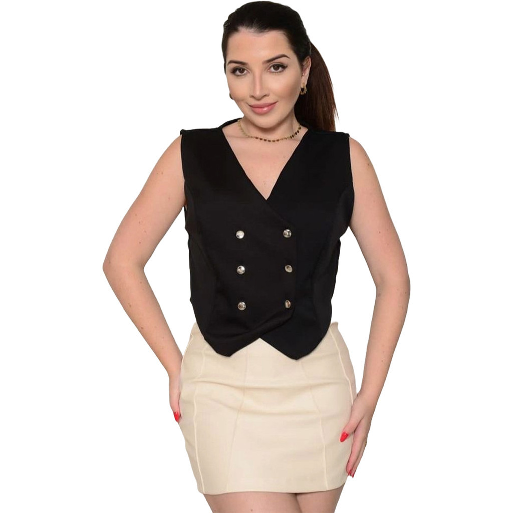 Colete Alfaiataria Feminino Social Curto 6 Botões Decote em V Curto Blazer Social Cropped Regata
