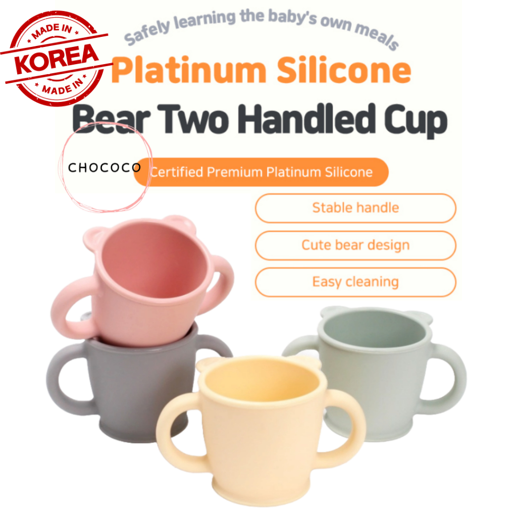 [Coréia] 🇰🇷 Copo De Silicone Platinado Com Duas Alças , 4 Cores , Comida Para Bebê , Bebida , Garrafa Alça Coreana