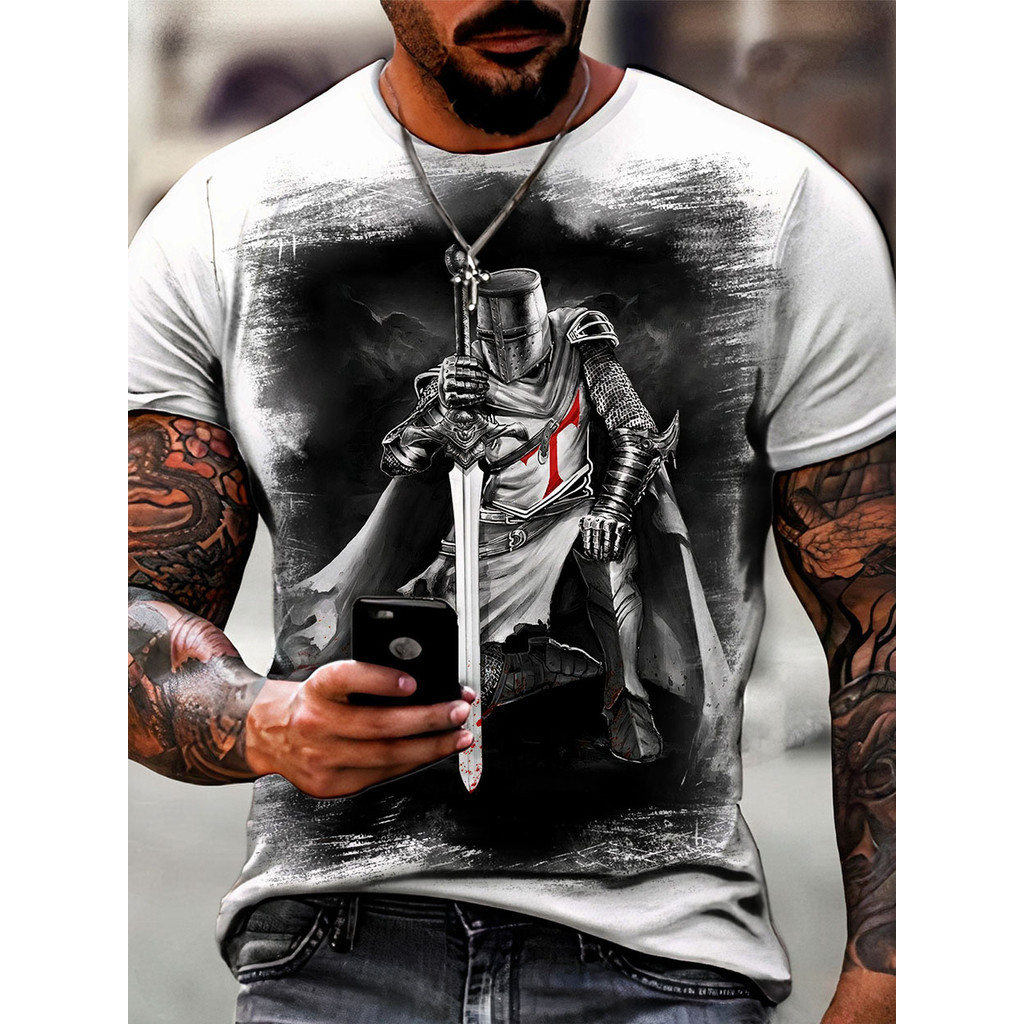 Camiseta Masculina Estampada Cavaleiro Templário Manga Curta Gola Redonda
