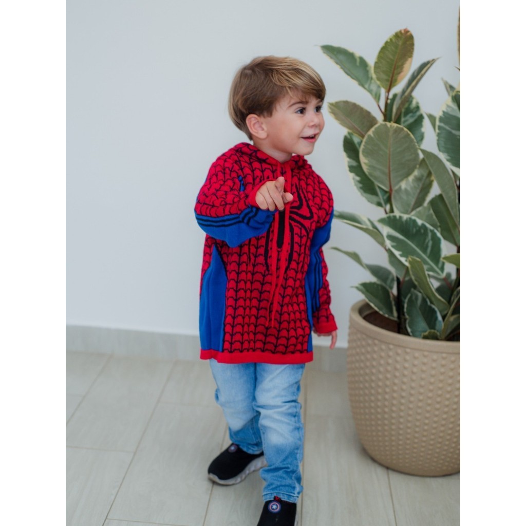 Kit de 3 Blusas de Tricot Infantil Manga Longa Com Capuz Homem Aranha/Capitão América/Hulk