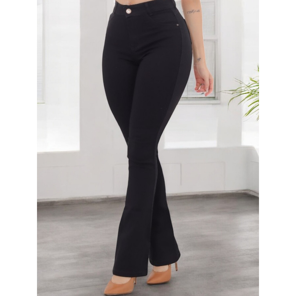 Calça Jeans Feminina Flare Cintura Alta com Elastano em Oferta na Shopee
