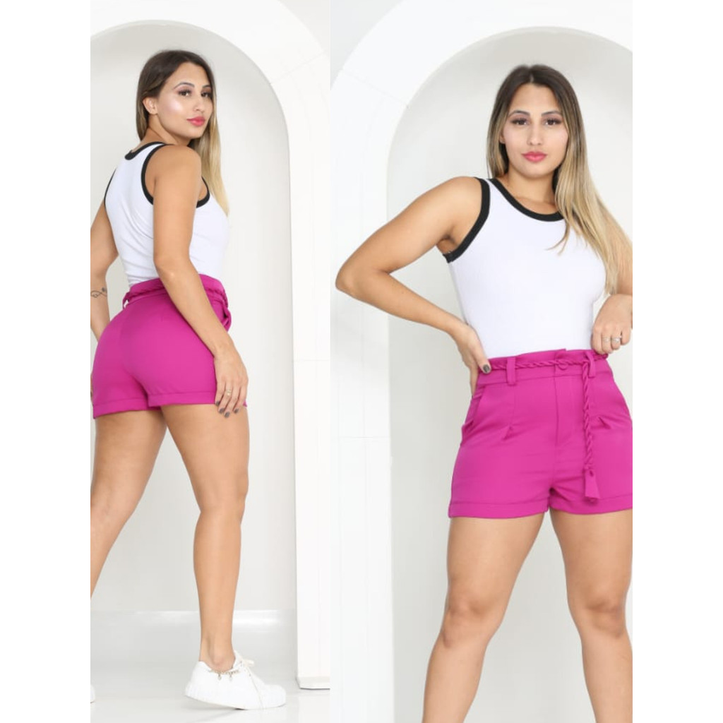 Short  Femenino Cintura Alta tecido Alfaiateria com Cinto Cordão Moda Verão Cores Variados em Oferta na Shopee