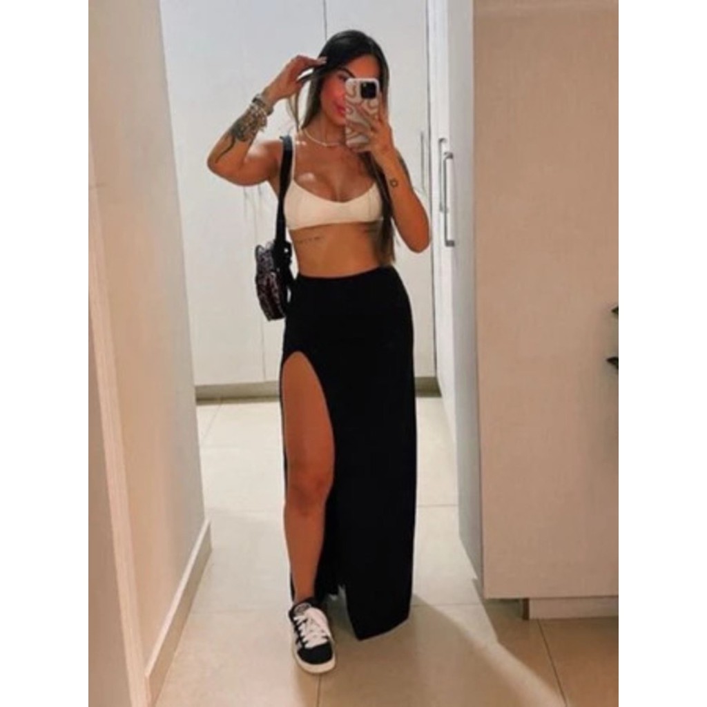 Saia Longa Fenda Feminina Modinha Suplex Verão Longuete Blogueira Moda Gringa em Oferta na Shopee