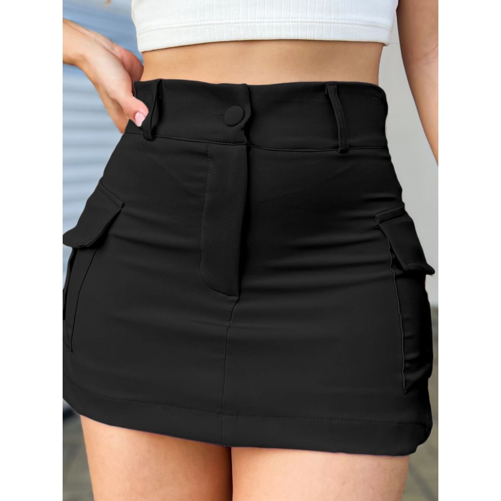 LuluRunModa Short Saia Alfaiataria Bolsos Cargo Feminino Liso e Botões - S546 em Oferta na Shopee