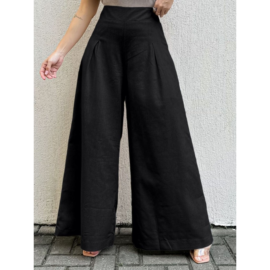 LuluRunModa Calça Pantalona Linho Feminina com Zíper nas Laterais Possui Forro Curto - 93143 em Oferta na Shopee