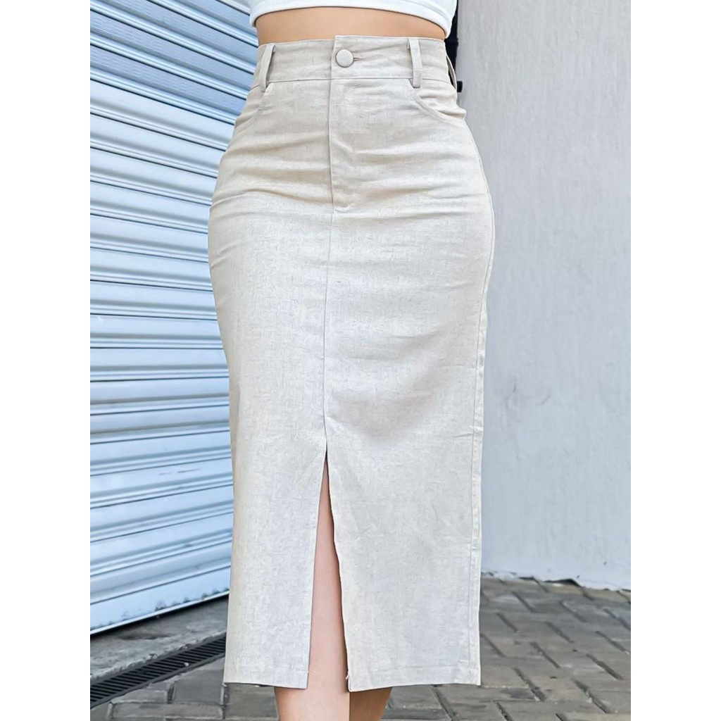 LuluRunModa Saia Midi De Linho Feminina Justo c/ Fenda Na Frente - S816 em Oferta na Shopee