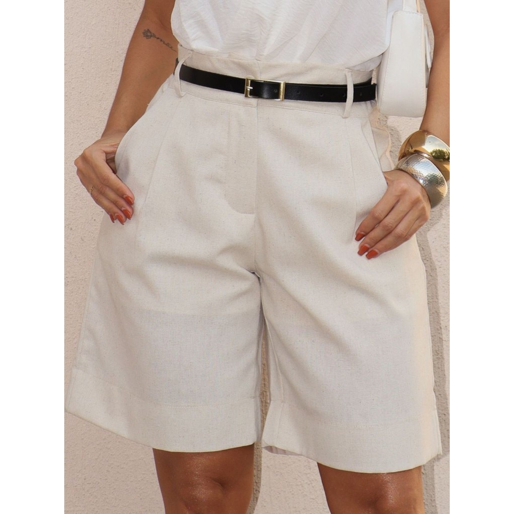 LuluRunModa Shorts Bermuda Feminino  Com Cinto Linho Com Poliéster Classic C/Forro- 9376