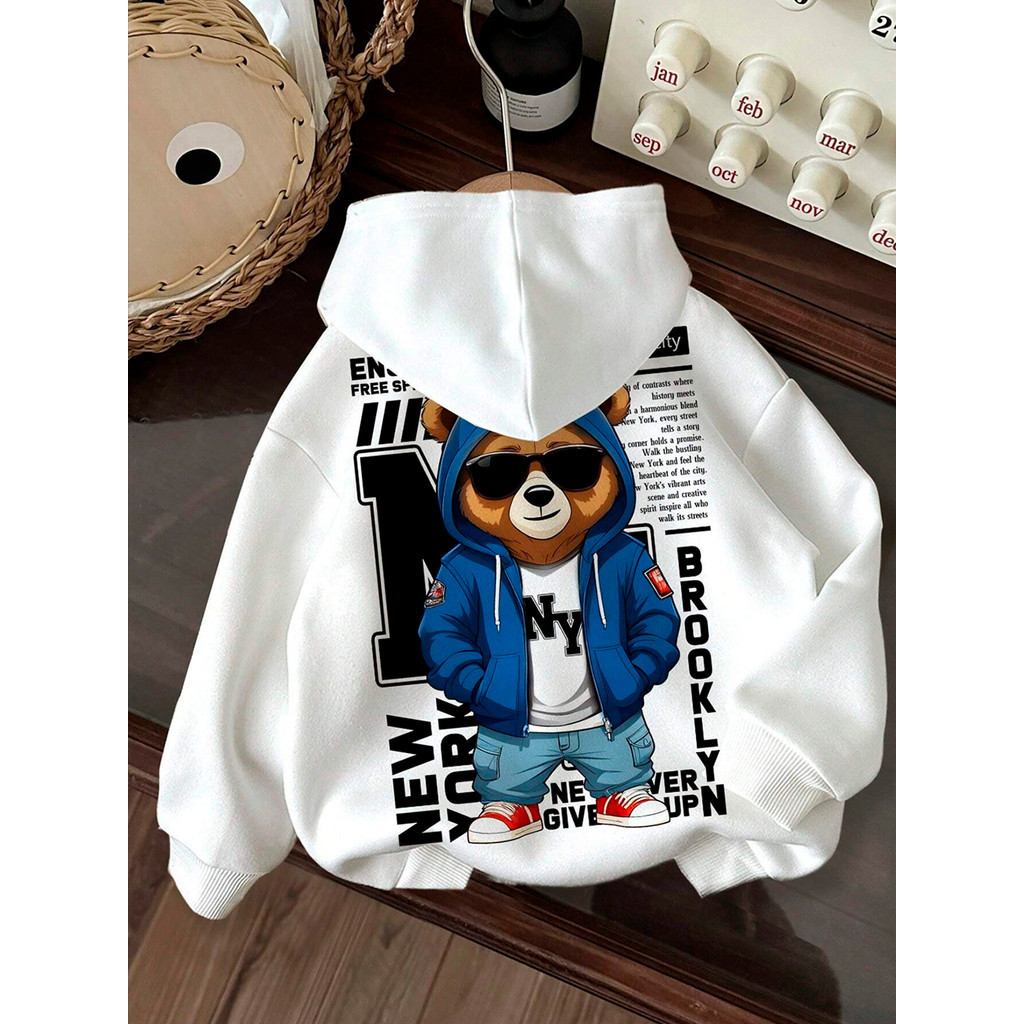 Moletom Canguru Infantil Urso Estiloso NY New York 100% Algodão Premium Brooklyn