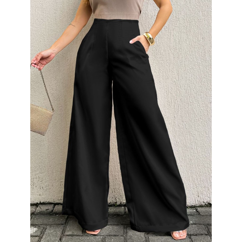 LuluRunModa Calça Feminina Alfaiataria Pantalona, Ziper invisivel lateral, Bolso Faca, Cintura Alta - 93145 em Oferta na Shopee