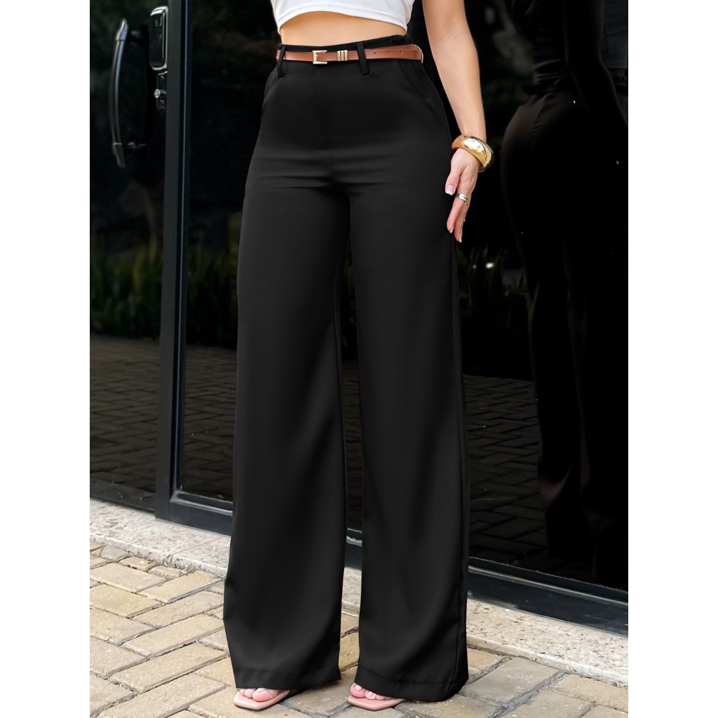 LuluRunModa Calça Alfaiataria Pantalona Feminino Com Cinto Fino Couro - S828 em Oferta na Shopee