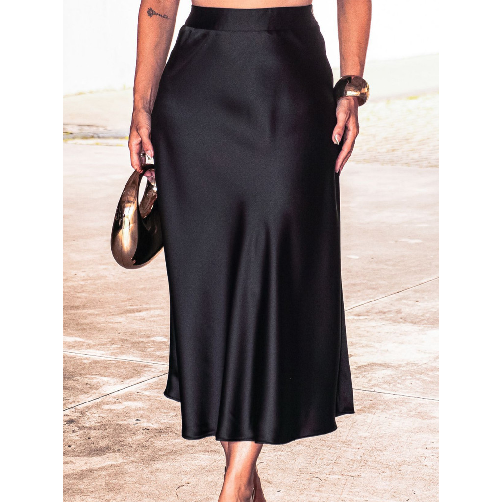 LuluRunModa Saia Midi Feminina De Cetim Evasê Fluida - 9381 em Oferta na Shopee