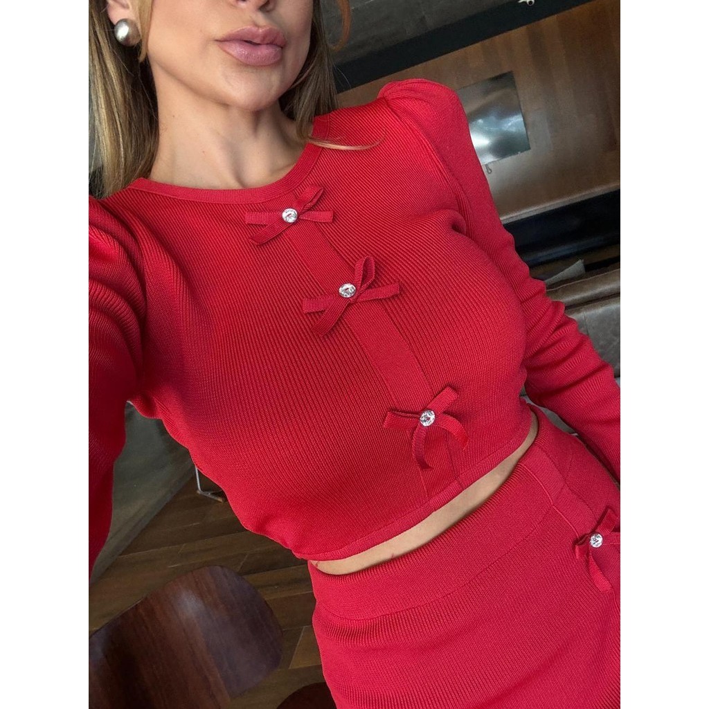Conjunto Feminino Tricô Saia e Croped Midi Final de Ano Casual Manga Princesa Elegante Ds ...