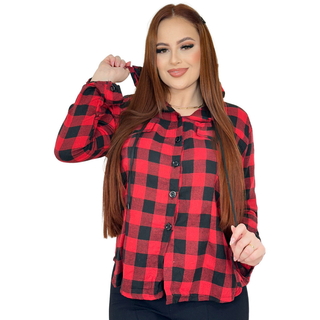 Blusa Xadrez Com Touca Camisa Camisete Feminino Casual Quadriculado