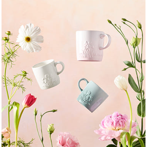 [Le Creuset Coreia] * Novo * Caneca Cappuccino Camomila Jardin Relief Series 200ml 3 Cores Merengue/Rosa Transparente/Ve