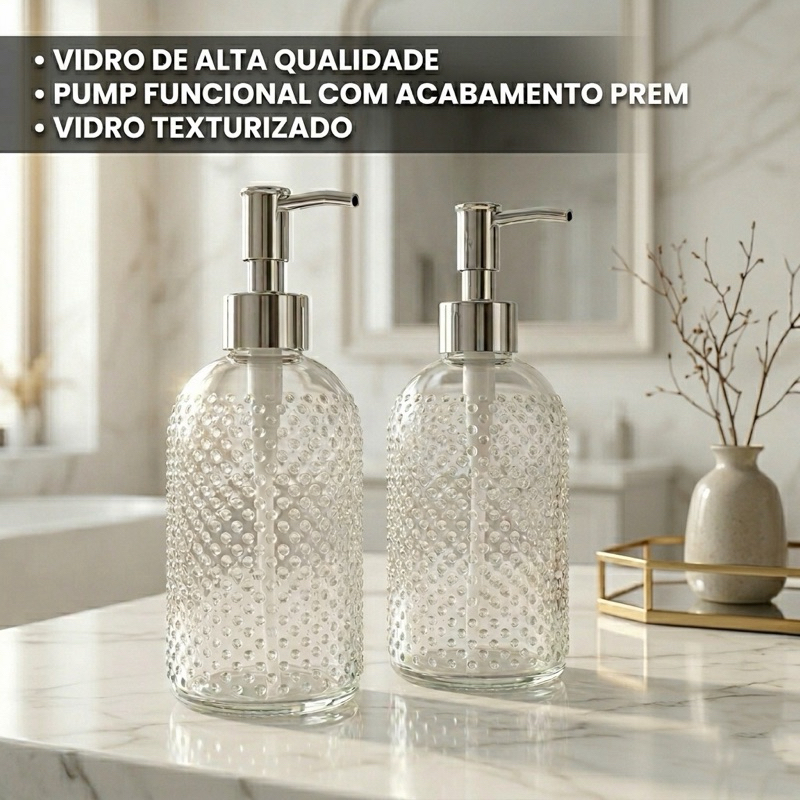 Dispenser Porta Sabonete Líquido De Vidro 500ml Acabamento Premium Banheiro Cozinha Transparente