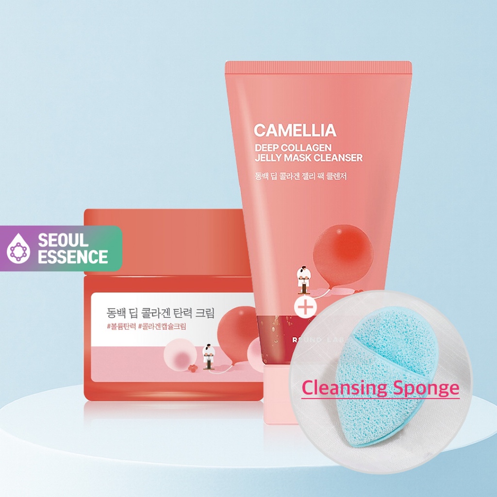 ROUND LAB Camellia Deep Collagen Jelly Mask Cleanser 120ml/Creme Firmador 50ml-Firmeza De Volume , Pele Come , Cápsula De Colágeno