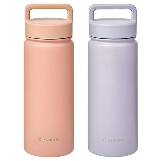 [Glasslock] Copo Com Alça Esportiva 500ml , 2 Unidades (Rosa Claro + Lavanda Pálida) , Garrafa Isolada A Vácuo De Aço In