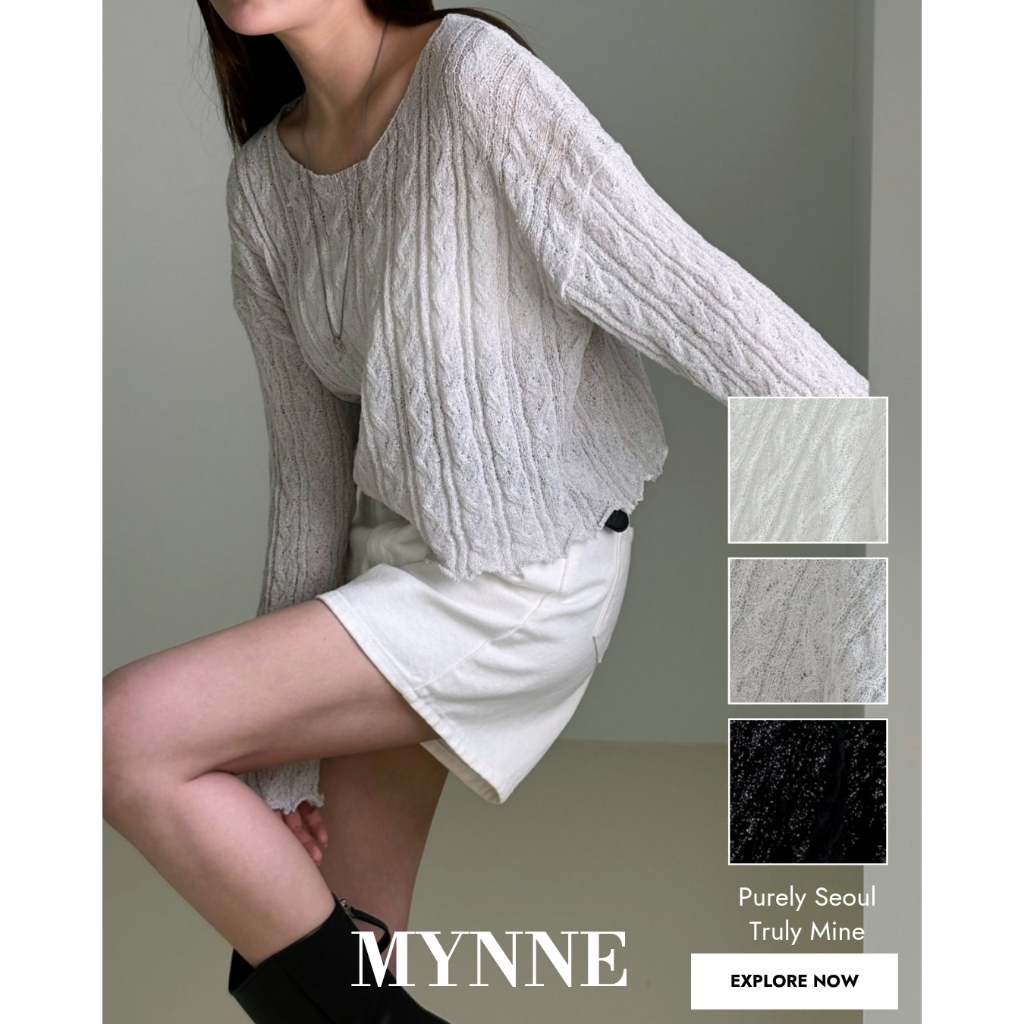 [MYNNE] Top De Malha Transparente Em Camadas Com Cabo Torcido | K-fashion Aberta De Manga Comprida Ombros De Fora