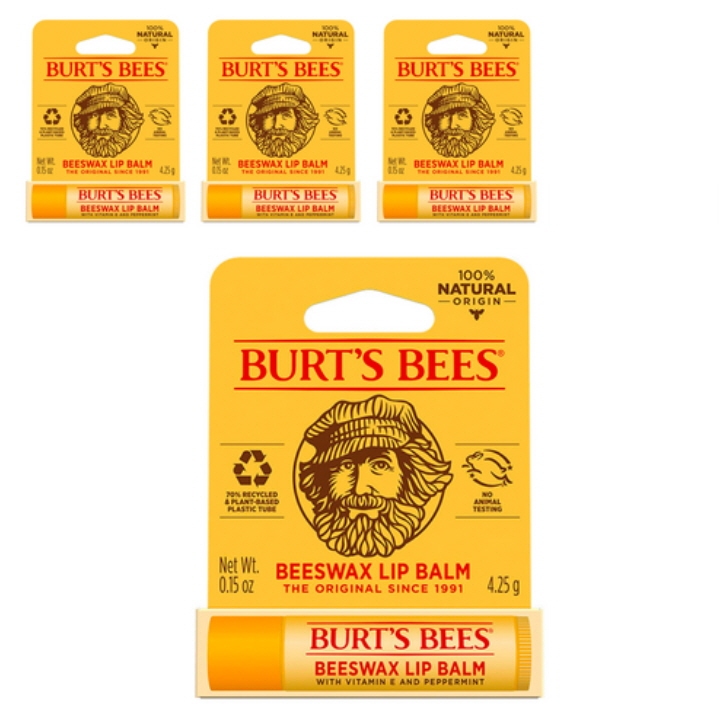 Burts Bees Cera De Abelha Bálsamo Labial Original 4pcs Conjunto 4.25g x4 Com Vitamina E Hortelã-Pimenta 100 % Hidratante