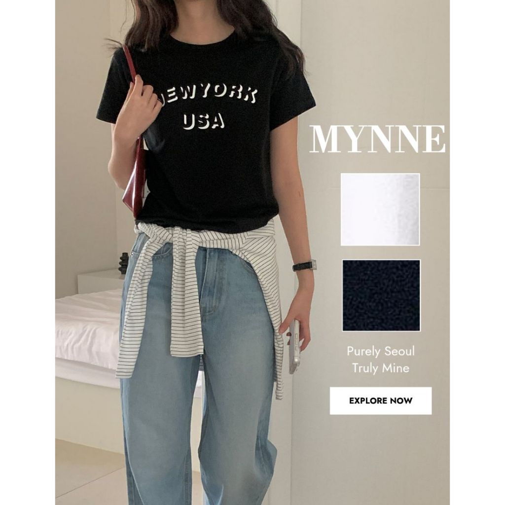 [MYNNE] Fabricado Na Coreia Nova York Eua Gráfico Algodão Modal Slim Fit Top De Manga Curta