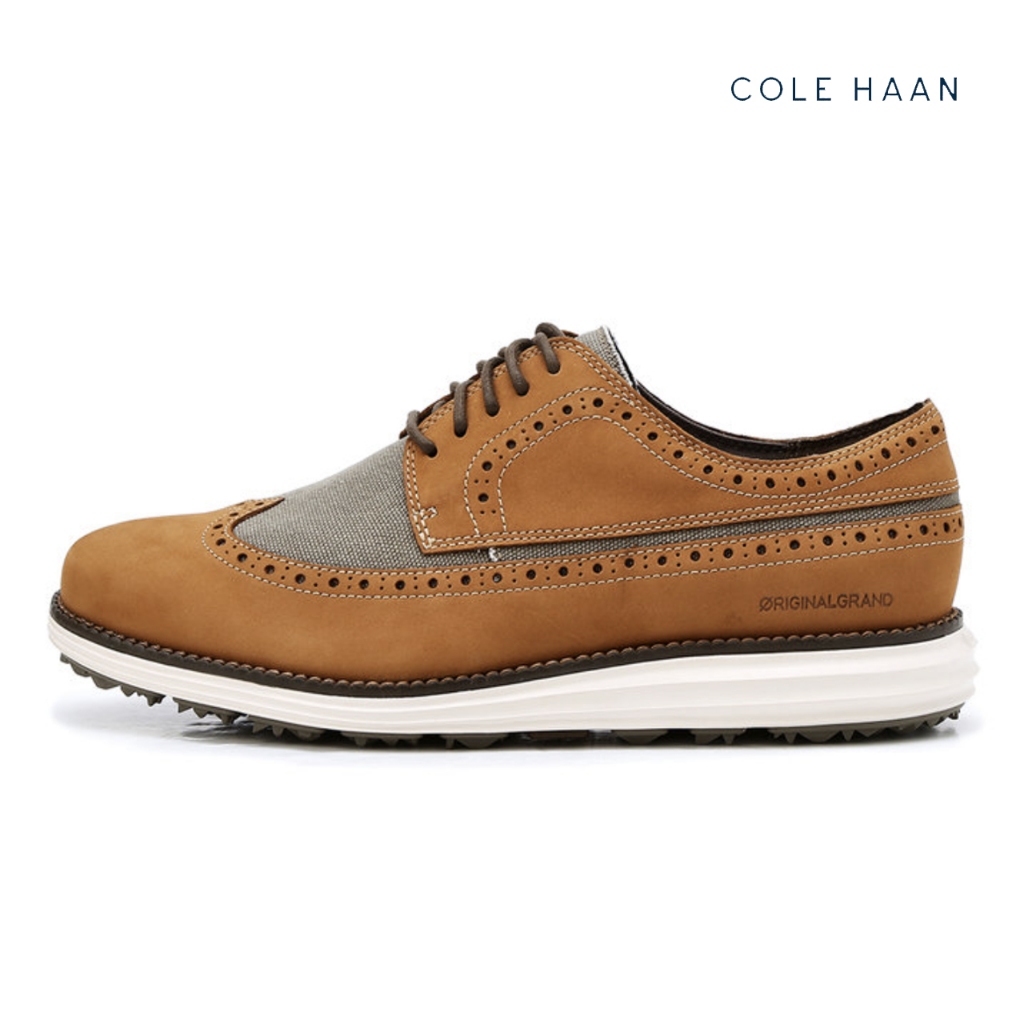 [COLE HAAN] ORIGINALGRAND Wing Ox Golf Sapatos Masculinos De Ajuste Largo Marrom Claro/Tração Com Almofada À Prova D'águ