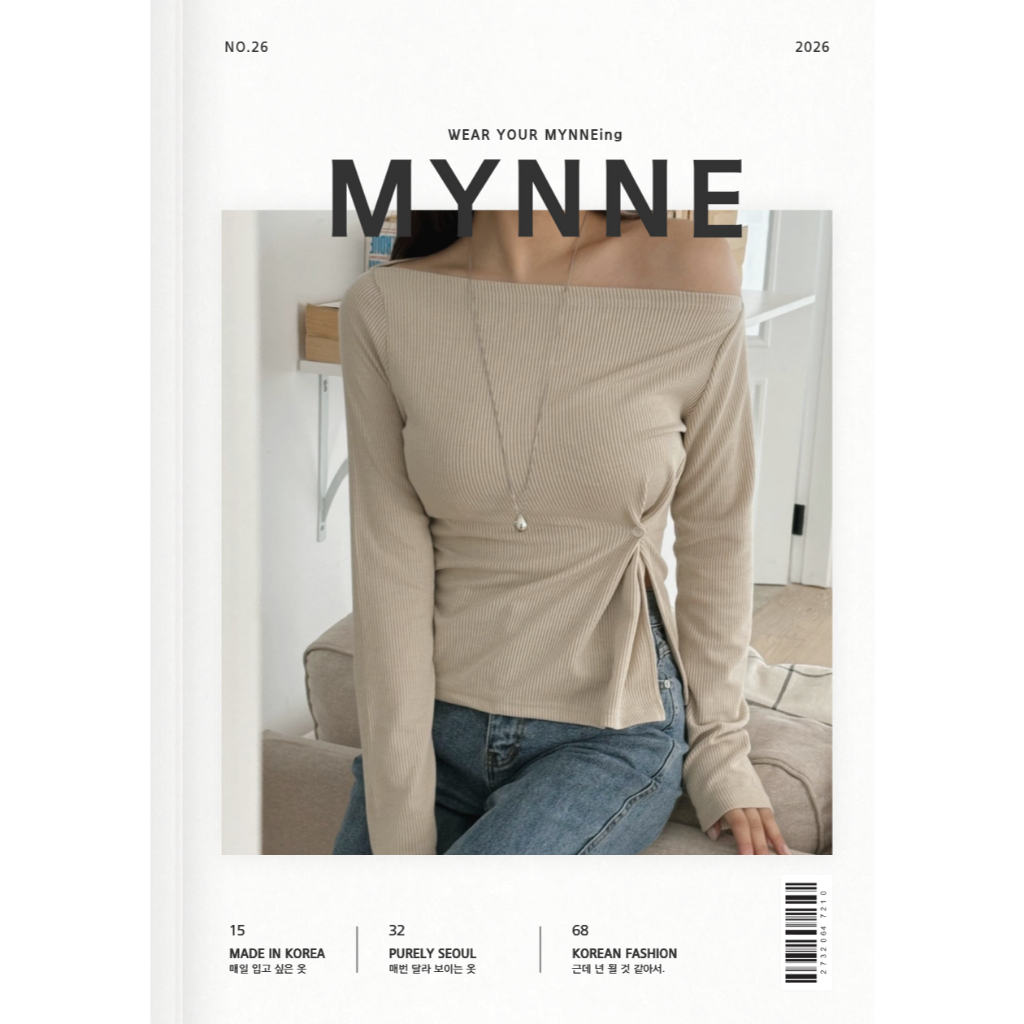 [MYNNE] Fabricado Na Coreia , Ombro De Fora , Botão Canelado , Cintura , Franzido , Assimétrico , Manga Comprida