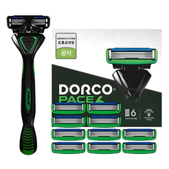 [Dorco] Conjunto De Navalha PACE6 Com Cabo + 10 Cartuchos Total De 11 Lâminas Barbear Masculino 6