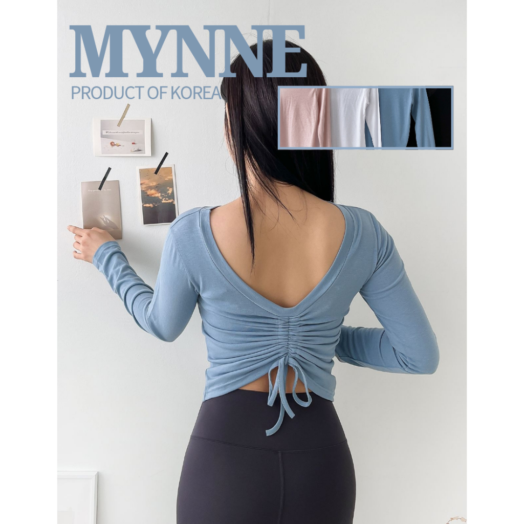 [MYNNE] Top De Manga Comprida Transparente Com Cordão Aberto Nas Costas | Ativo De Pilates Yoga Fabricado Na Coreia