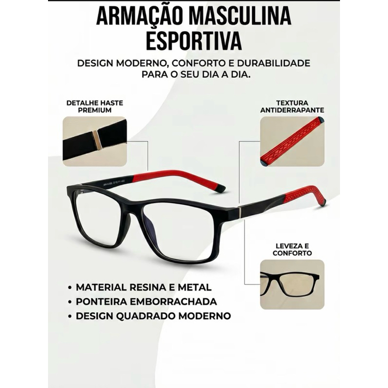 Armação Óculos Masculino Preto Sem Grau Para descanso ou Colocar o Grau Desejado