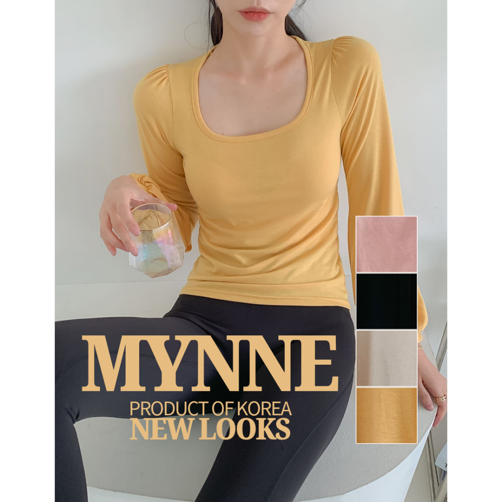 [MYNNE] Top Ativo De Manga Comprida Com Decote Em U E Bufante | Feito Na Coreia Pilates Yoga Primavera Lindo