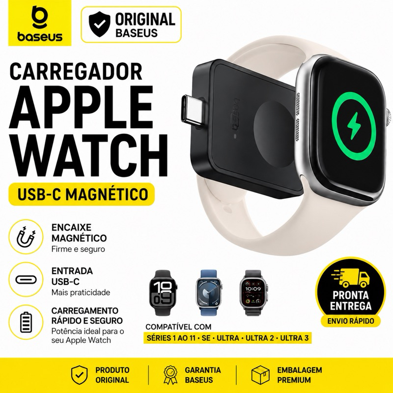 Carregador Magnético Baseus Original USB-C para Apple Watch | Compatível Série 1 a 11, SE, Ultra 2/3 | Rápido e Seguro