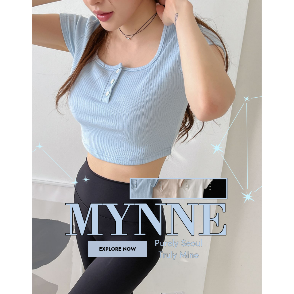 [MYNNE] Top De Manga Curta Com Decote Em U E Botão Canelado | Camiseta Cropped Feita Na Coreia Pilates Yoga Fitness