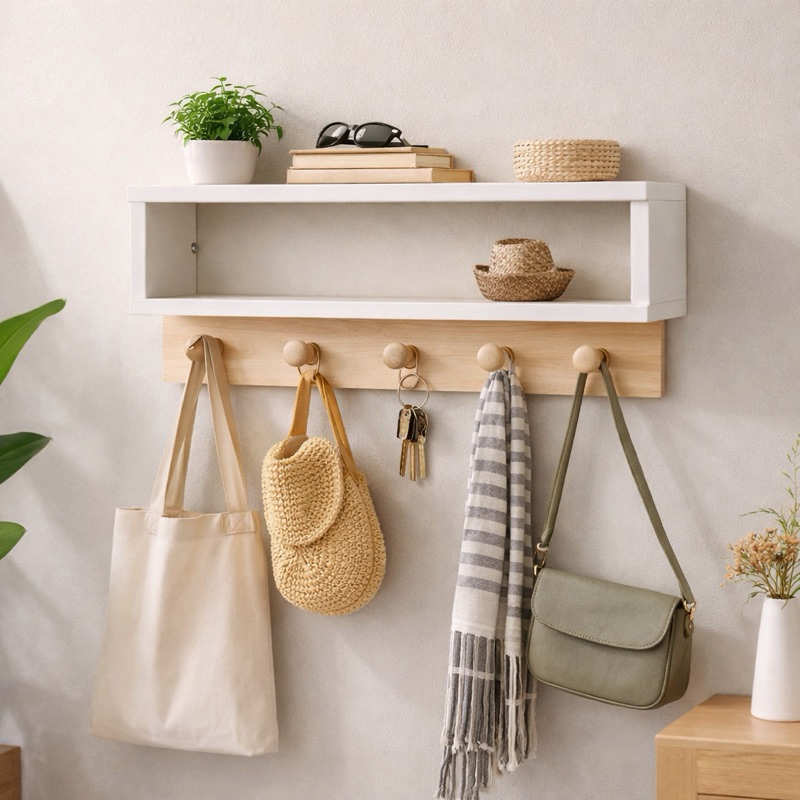 Cabideiro Nicho em MDF e gancho Pinus 60cm Branco e Amadeirado Organizador Decorativo /Quarto/ Sala/ Lavanderia
