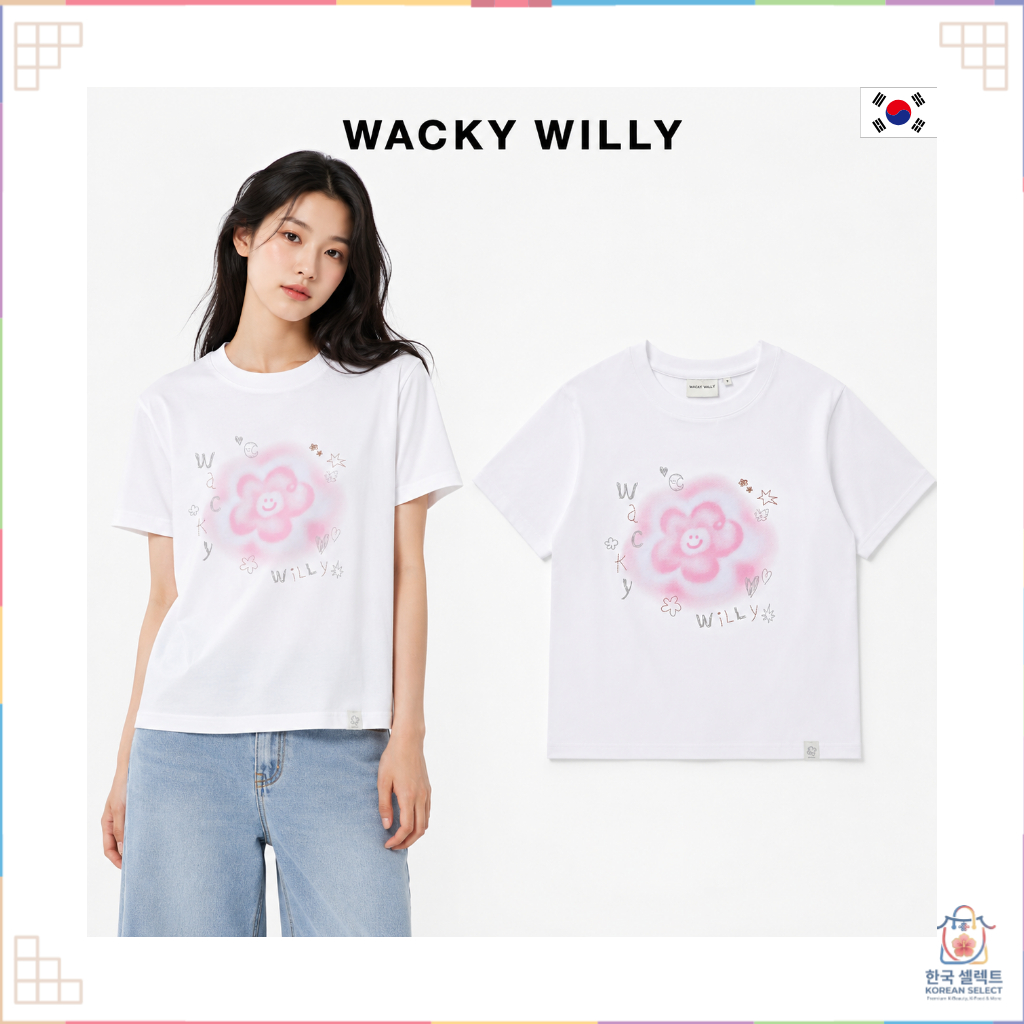 Camiseta Feminina WACKY WILLY Blur Lily Semi-Crop De Algodão Branco Span K-Fashion