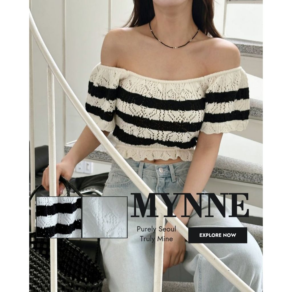 [MYNNE] Top Cropped Listrado De Malha De Crochê Sem Ombros | De Verão Aberta Com Gola Quadrada Estilo Coreano