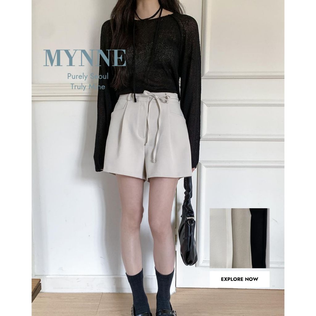 [MYNNE] Saia De Shorts Flare Com Cinto De Fita | Feito Na Coreia Pintuck Diária De Primavera De Cintura Alta