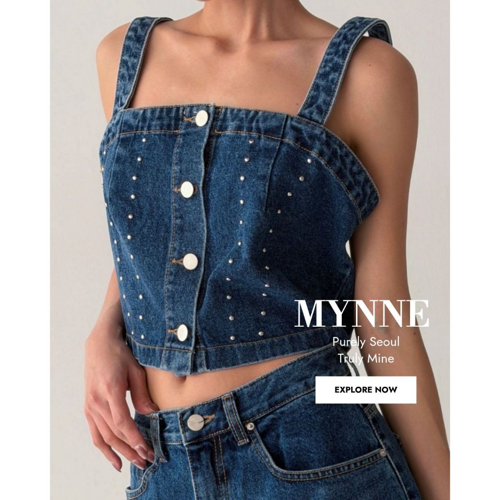[MYNNE] Top Cropped Jeans Com Corpete | Feito Na Coreia Detalhe De Pino Quadrado Colete Feminino