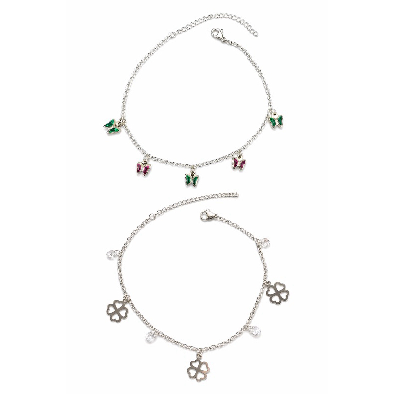 Duas Tornozeleiras: Borboleta Verde e Rosa - Trevo com Zircônia — imagem 2 de 2