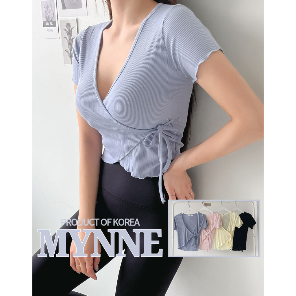 [MYNNE] Top Ativo De Manga Curta Com Babados E Envoltório | Camiseta Cropped Feita Na Coreia Yoga Pilates Fitness Wrap