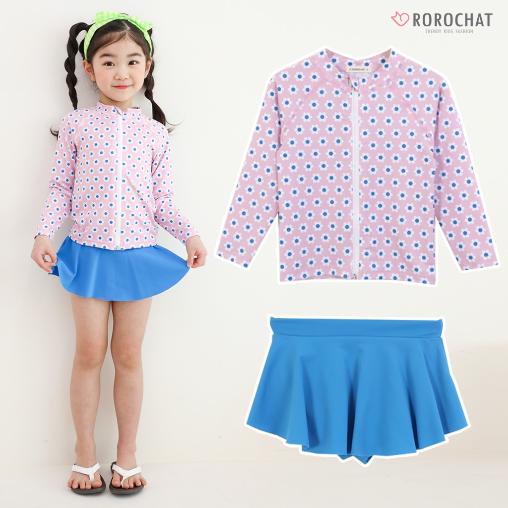 ROROCHAT ❤ Maiô Infantil De Manga Comprida Para Meninas/Roupas Molhadas Infantis/Com Zíper E Estampa De Flores Bebês , Roupa De Praia De Duas Peças