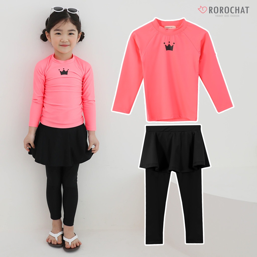 ROROCHAT Maiô Térmico Feminino Rosa De Manga Comprida , Duas Peças , Conjunto 2P , 3-9 Anos , Vestido Estampado Em Formato De Coroa , Saia , Proteção Contra Arranhões , Infantil